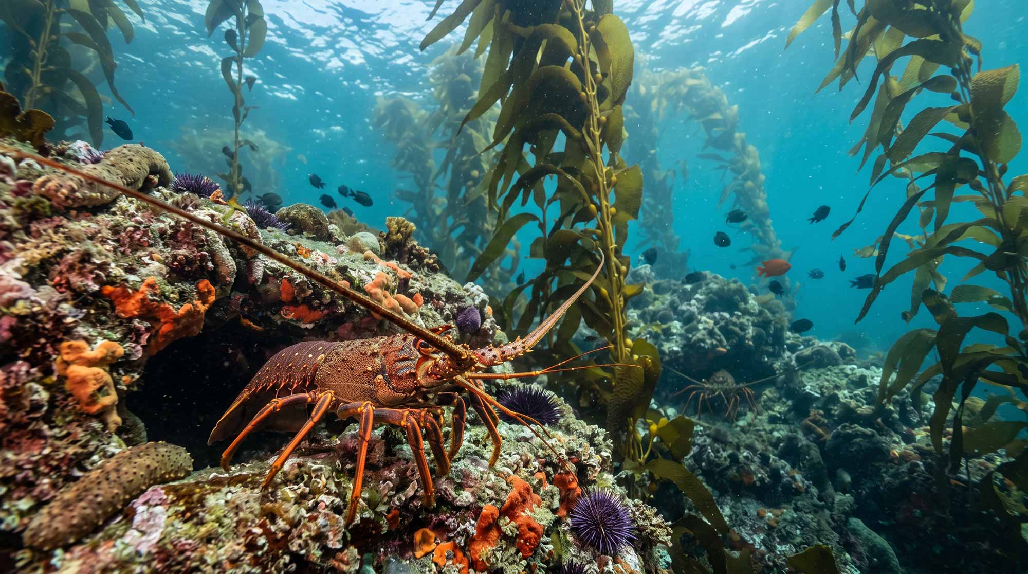 California spiny lobster on a reef in a kelp forest